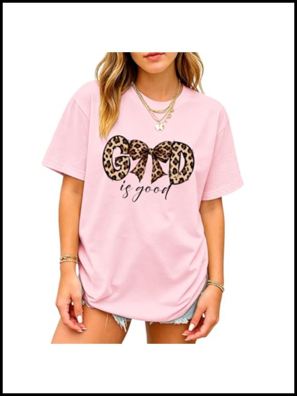Oversized Christian Graphic Tee for Teen Girls God is Good Bow Leopard Print